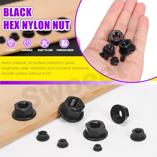 Swpeet S4396 135Pcs 7 Sizes M3 M4 M5 M6 M8 M10 M12 Metric Black Nylon Flange Nuts Assorment Kit thumb #2