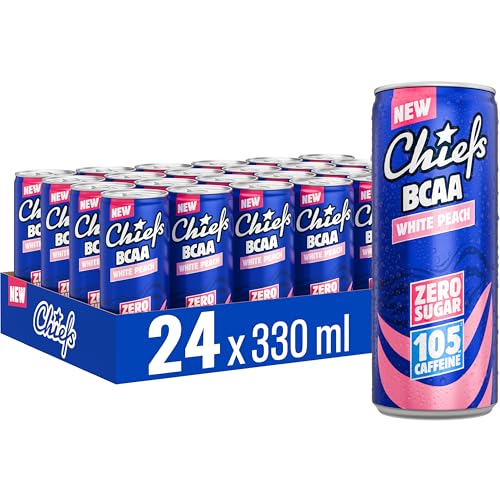 CHIEFS BCAA Energy Drink 24er pack - zuckerfrei - Energy Getränk mit Koffein Vitaminen und Aminosäuren - White Peach Geschmack (Weißer Pfirsich) - 24 x 330ml inkl. Pfand vegan