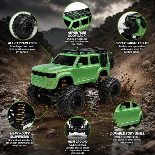 Image of Big Green Remote Control Car Toy | Defender | Smoke and LED Light | Monster Truck Remote Control 4x4 | Rechargeable Car | 2.4G Remote Control | High Speed | 100m Range | Birthday Gift for Kids