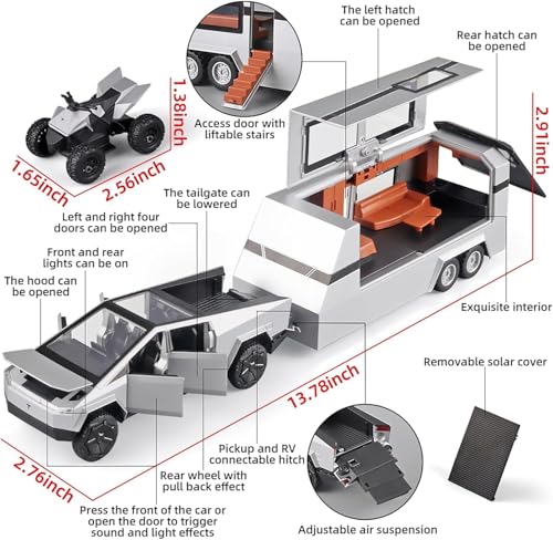 Image of Tesla CyberTruck with Pick-Up Trailer Model Car with Box, Zinc Alloy Pull Back Toy car with Sound and Light for Kids Boy Girl Gift [Colors as Per Stock]