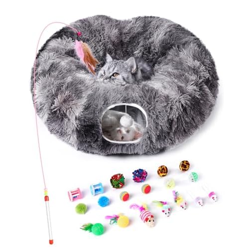 Odoland Cat Tunnel Bed with 20 Cat Toys - Indoor Plush Kitten Couch,Detachable Cats Cave Donut Tunnel & Soft Kitten Toy Set-Cozy Cat Furniture Black C