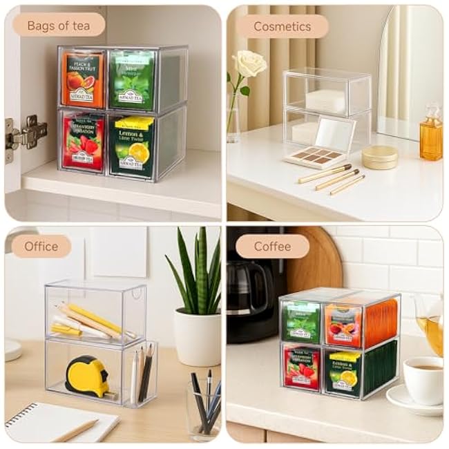 4 Packs Tea bag organizer, Clear Acrylic Tea Organizers And Storage Drawer for Kitchen Cabinet Countertop Office