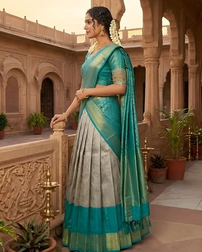 Image of Women's Jacquard Semi-Stitched Lehenga Choli Set with Dupatta (Cream-Firozi) Traditional Indian Wedding Lehenga Saree Style Ethnic Bridal, Mehendi & Festive Outfit for Women & Girls