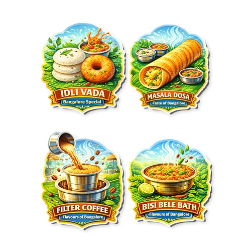 Image of Regalo Casila Bangalore Food Tourism Souvenir Wooden Fridge Magnet Set of 4 Idli Vada Masala Dosa Filter Coffee Bisi BeLe Bath Refrigerator Magnets