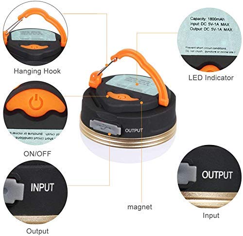 Portable LED Camping Lantern with Magnetic Base 1800mAh Power Bank USB Rechargeable 180lm LED Tent Light with 3 Modes, IP65 Waterproof Emergency Lamp for Hiking Fishing Indoor Outdoor Lighting