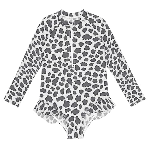 Gray and White Leopard Print Girls Long Sleeve Swimsuit Rash Guard One Piece Bathing Suits Zipper 3-12T