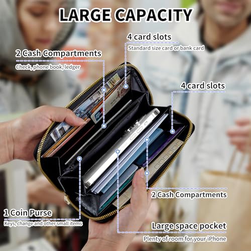 Womens Wallet, Large Capacity RFID Blocking PU Leather Wristlet Wallets for Women Ladies Men Credit Card Holder Zipper Phone Holder Clutch Travel Purse, Galaxy Cat4