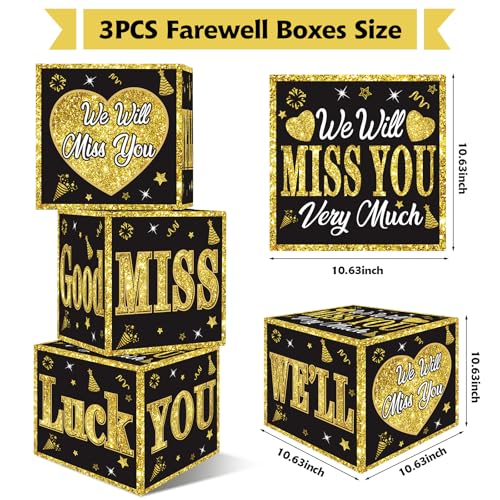 Image of Kircirx 3pcs Going Away Party Decorations Boxes for Men Women, Black Gold Farewell Decorations Party Supplies Good Luck We Will Miss You Retirement Goodbye Cardboard Box Gifts