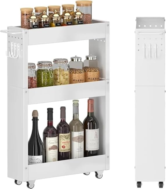 Slim Storage Cart, 5 in Width, 3-Tier White Rolling Cart with Handle & Wooden Top-Anl2XwOX