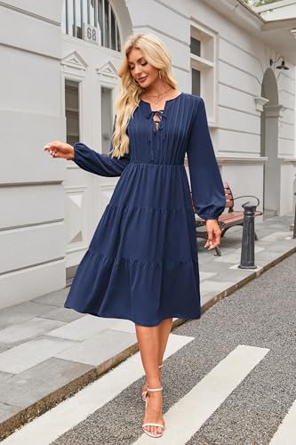 ECOWISH Women 2025 Casual Tie Front Pleated Long Sleeve Dresses Elastic Waist Tiered Ruffle Flowy Midi Dress with Pockets2