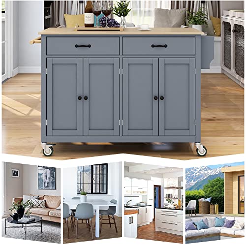 Kitchen-Island-Cart-on-Locking-Wheels-with-4-Cabinet-and-2-Drawers-Rolling-Coffee-Bar-Trolley-wSolid-Wood-Tabletop-Adjustable-Shelves-Spice-Towel-Side-Rack-for-Dining-Room-Gray Kitchen Island Cart on Locking Wheels with 4 Cabinet and 2 Drawers Rolling Coffee Bar Trolley wSolid Wood Tabletop Adjustable Shelves Spice Towel Side Rack for Dining Room Gray