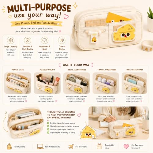 Image of Cute Aesthetic Pencil Case for Girls & Boys | 3 Layer 6 Compartment Large Capacity Pencil Pouch with Zipper | Cartoon Stationery Organizer Bag for Students & Kids (Beige)