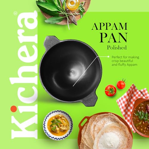 Image of Kichera Pre-Seasoned Cast Iron Polished Appa Chatti |Appam Pan | Appam Patra | Kallu,100% Toxin-Free, Naturally Non-Stick, 8.7Inch /22Cm,1.5Kg, 1 Litre