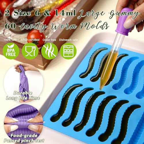 Image of LUSHYUM Gummy Worm Molds Silicone 6ML 14ML, 4PCS Non-Stick Silicone Large Worm Molds for Chocolate Gummy Candy 60 Cavity with 2 Droppers & Brush, Ideal Gift for Kids Adult Halloween Party