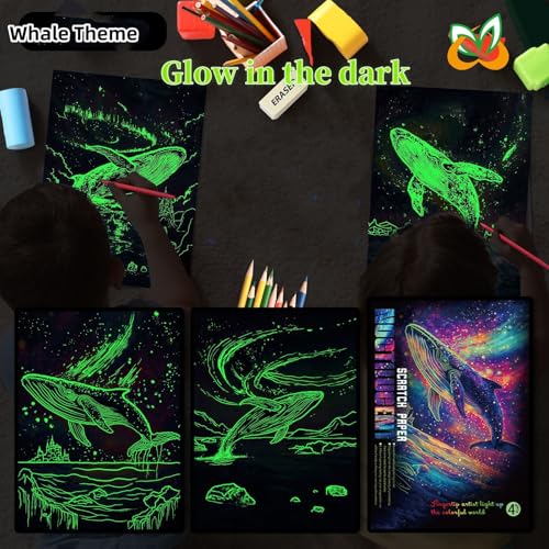 georgie porgy scratch paper art set for kids adults magic rainbow scratchboards for diy arts and crafts kits christmas birthday gift with scratching tools kit a4-noctilucent whale  sea world