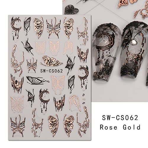 Butterfly Nail Art Stickers 3D Self-Adhesive Nail Decals Holographic Laser Silver Rose Gold Butterfly Moon Nail Stickers For Nail Art Design Manicure For Women Nail Decoration 6 Sheets #TOP3