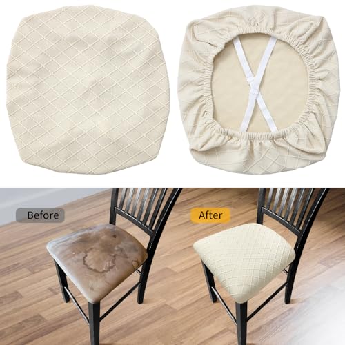 Image of YISUN Stretch Chair Seat Covers, Dining Room Chair Seat Covers, Removable Washable Kitchen Seat Covers Protectors Cushion Slipcovers (4, Beige)