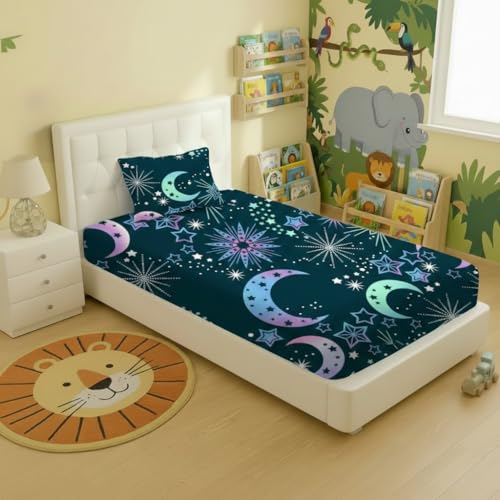 Filymore Moon Star Kids Single Bed Sheet with 1 Pillow Cover 180 TC Soft Microfiber for Kid Room Bedcover Size (90 X 60) inches, Nevyblue and White