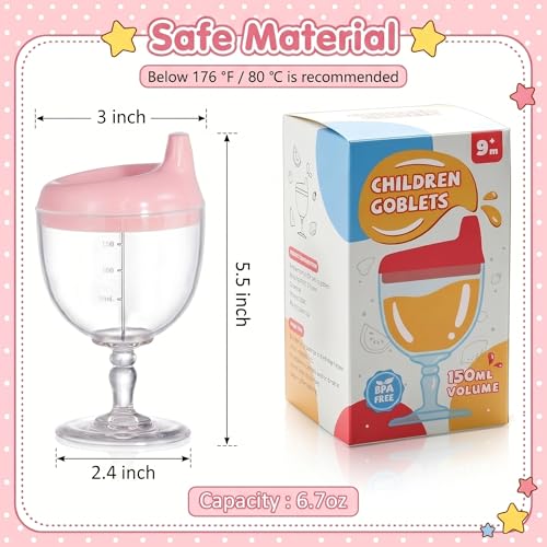 Image of Goaste 4 Pack Baby Wine Sippy Cups, Goblet Style Plastic Toddler Stemware with Lids, 6.7oz Kids Beverage Mugs for Milk Water Juice, Birthday Christmas Holiday Party Gift, Blue Pink Yellow White