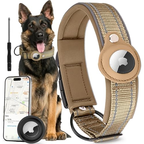 Ericfavre Airtag Dog Collar, Reflective Dog Collar with Airtag Holder, Comfortable Padded and Adjustable Airtag Dog Tracking Collar with Airtag Dog Collar Holder for Small Medium Large Dog (Beige, L)