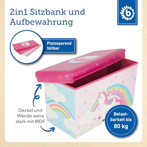 Bieco Aufbewahrungsbox mit Deckel | Einhorn 60L, faltbar | ca. 60x30x35cm | Spielzeugkiste mit Deckel | Aufbewahrungsbox Kinder | Kisten mit Deckel | Aufbewahrungsbox Groß | Wickeltisch Organizer