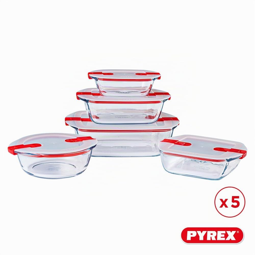 Pyrex Cook & Heat - Lot de 5 Boites - Tailles et Formes Différentes - Verre Borosilicate - Couvercle Hérmétique spécial Micro-Onde - Made in France