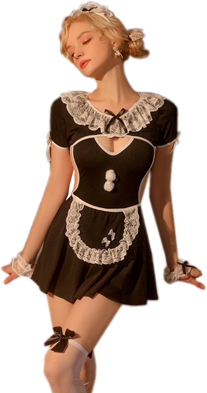 Women's Sexy French Maid Costume Lingerie Outfit Lace Babydoll Dress Halloween Cosplay Uniform Set Black