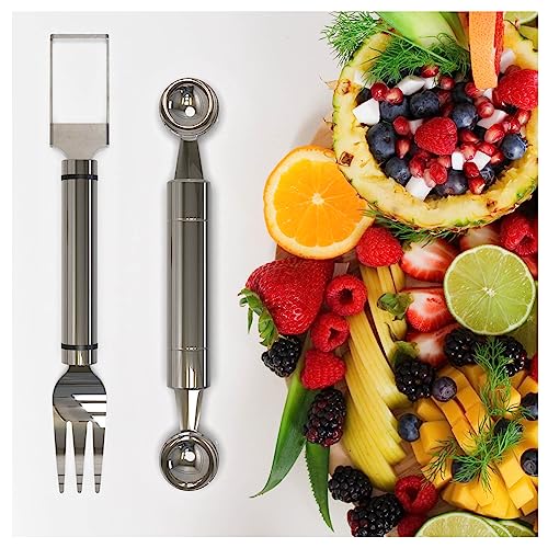 Watermelon Fork Slicer Tool Set,2 Packs Stainless Steel Watermelon Cutter Melon Baller Scoop for Summer Kitchen Gadgets Watermelon Knife and Fork Set