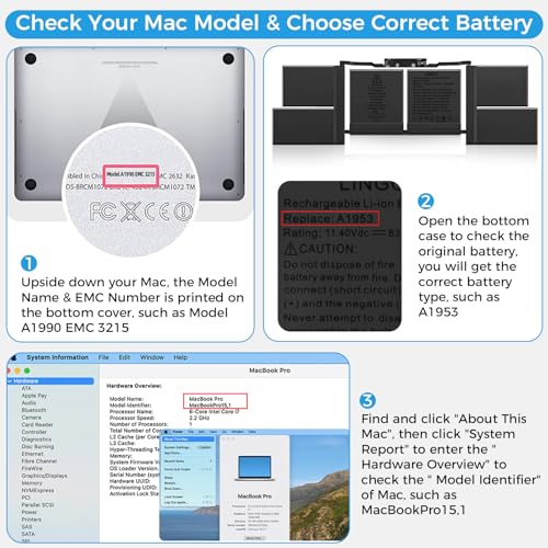 Image of A1990 Battery, A1953 Battery Replacement for MacBook Pro 15 Inch A1990 (Mid 2018 2019) (EMC 3215 3359)(Upgraded High Performance 7336mAh 83.6Wh 11.40V Li-Polymer)