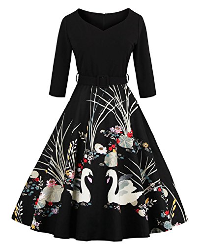 VERNASSA Vestido Retro de 50 años,Vestido sin Mangas de la impresión del Cisne de la Manga del Vintage 3/4 Vestidos Ocasionales de la Tarde del cóctel de la Fiesta,S-4XL