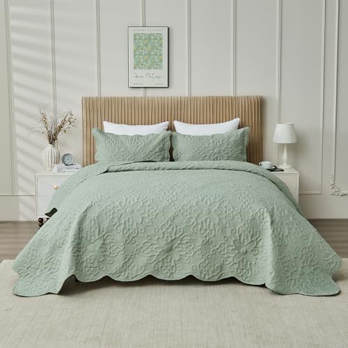 Image of Oversized California King Bedspreads 120x120 for Extra Tall Split Cal King Bed Lightweight Quilted Coverlet Set 3 Pieces 1 Quilt 2 Pillow Shams Sage