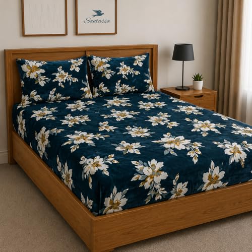 Image of Warm Flannel (Flano) King Size 330 TC Winter Fitted Bedsheet | All Side Elastic Premium Winter Soft Velvet Furnishing Bed Sheet with 2 Big Pillow Cover Size - 72 x 78 X 8 Inches Green