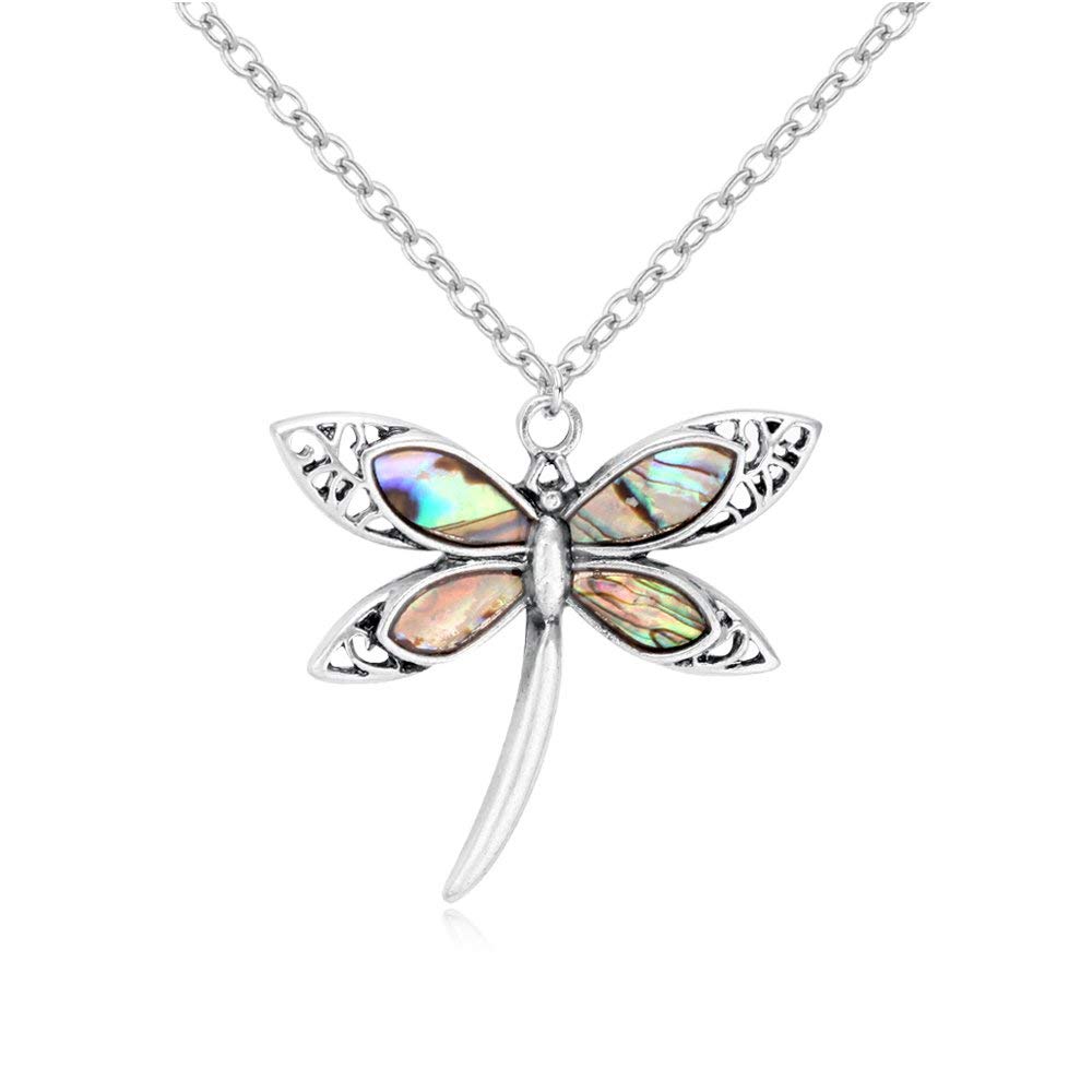 PANGRUIExquisite Dragonfly Charm Bracelet Abalone Shell Bangle Cuff Antique Silver