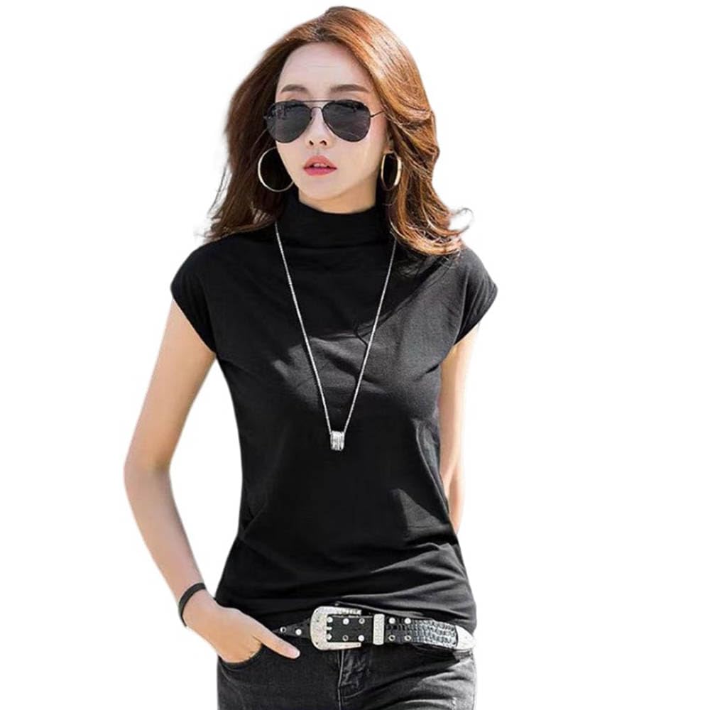 [Kaolee] 2枚セット！レディース 半袖Tシャツ カットソー ハイネック 半袖 カットソー ノースリーブ 袖なし タートルネック フレンチスリーブ 薄手 ストレッチ ハイネックTシャツ 無地 トップス プルオーバー 大人 春夏