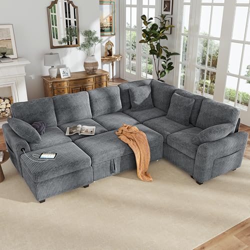Image of Hanherry 106 inch Sectional Sofa with Pull Out Couch Bed,6 Seater Corduroy Sleeper Sofa with Storage Ottoman & USB Charging,Comfy L Shaped Modular Couches for Living Room,Apartment