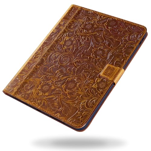 Gexmil Case for iPad 10.2 Inch,9th/8th/7th Generation(2021/2020/2019) Genuine Leather Cover Auto Sleep/Wake,Cowhide Folio Cover with Adjustable Stand with Buckle,Anti Slip,Flower Brown
