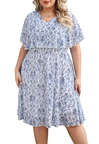 Image of Keluummi Plus Size Wedding Guest Dress for Curvy Women, Boho Floral Empire Waist Midi with Sleeve