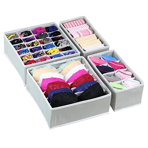 Drawer Organizers For Clothing, Foldable Dresser Closet Drawer Organizer Divider Storage Box For Underwear Bra Panty Socks Undergarment Lingerie Bikini Women Men(Set Of 4pcs) (Grey)