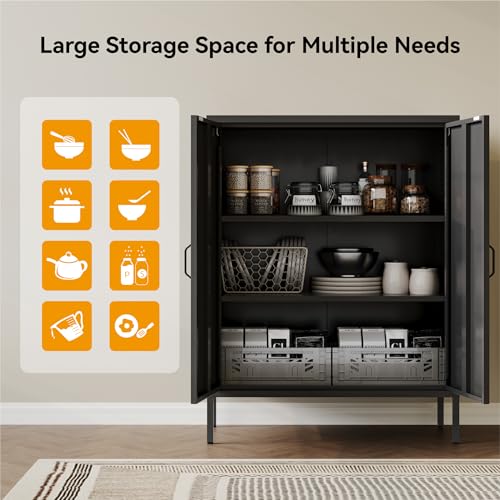 Image of COFaR Black Metal Storage Cabinet, 40 inch Industrial Kitchen Organizer & Buffet Sideboard, 3-Tier Steel Cabinet with Adjustable Shelves, Magnetic Doors for Coffee Bar, Office, Dining Room