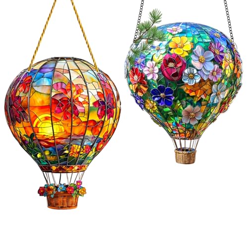 Solar Hot Air Balloon Garden Lights Solar Powered Garden Ornaments with Hanging Design Outdoor Solar Balloon Lights for Garden Decor Set of Two in 17x20 and 15x20 cm Sizes