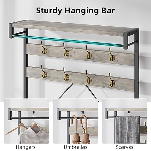 IDEALHOUSE Coat Rack Shoe Bench Industrial Hall Tree Storage Bench for Entryway Wood Look Accent Large Shoe Rack with Storage Shelf Hanging Bar, 8 Hooks Grey 39.9"x15.7"x72"