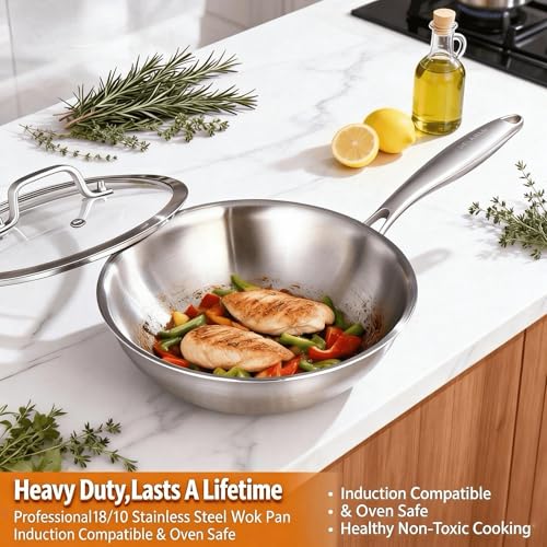 Image of DELARLO Whole Body Tri-Ply Stainless Steel Wok 9.45 inch, Deep Kitchen Stir-Fry Pan, Small Wok Pan with Lids, Induction Mini wok, Suitable for All Stove, Up to 600℉, Detachable Handle