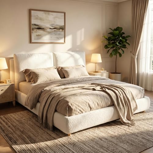 Merax Queen Size Boucle Fabric Upholstered Platform Bed with Two Removable Pillow Headboard Wood Bed Frame with Solid Round Legs for Kids Teens Adults White