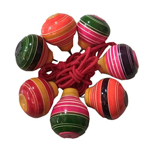 Image of PMK E Store Wooden Spinning Indian Traditional Tops Lattoo with String (Pack of 5)