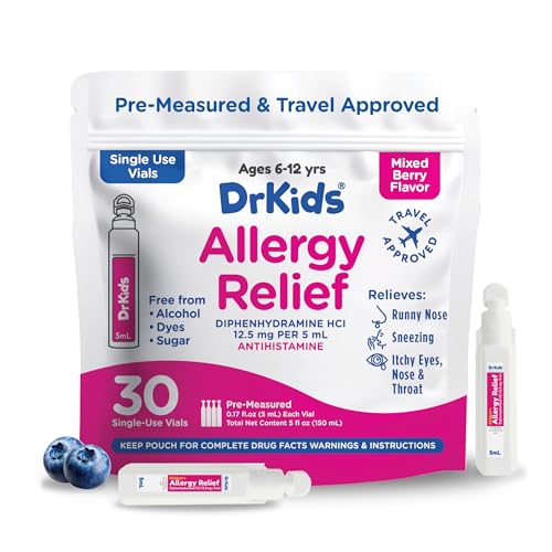 Image of Dr. Kids Children's Allergy Relief Medicine with Diphenhydramine HCl 12.5 mg - Pre-Measured Single-Use Vials, Kids Antihistamine for Sneezing, Runny Nose & Itchy Eyes, Mixed Berry Flavor, 30 Count