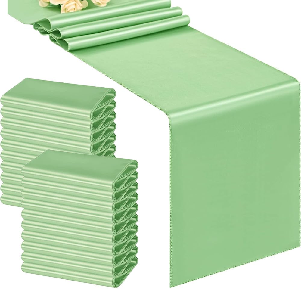 JoliJour Camino de Mesa Saten,Paquete de 20 Caminos de Mesa de Satén Liso de 30*275CM,Rectángulo y Decoraciones de Mesa Redonda para Bodas,Decoraciones para Fiestas de Cumpleaño,Banquete,Verde