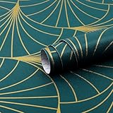Safiyya 118"x17.3" Wallpaper Gold and Teal Blue Peel and Stick Wallpaper Geometric Stripe Contact Paper Self Adhesive Removable Wallpaper Modern Boho Contact Paper for Walls Covering Vinyl Rolls