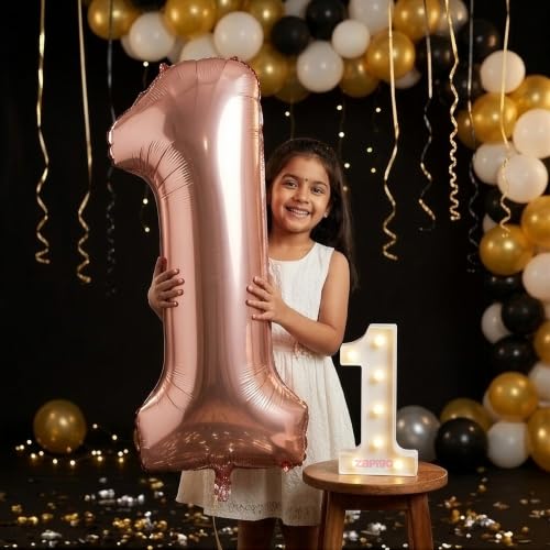 Image of Balloonistics Rose Gold 40-Inch Foil Number 1 Balloon with Matching LED Marquee Light - Combo Set for 1st Birthday, Anniversary, Party Decoration, Photo Booth Backdrop, Cake Table Decor
