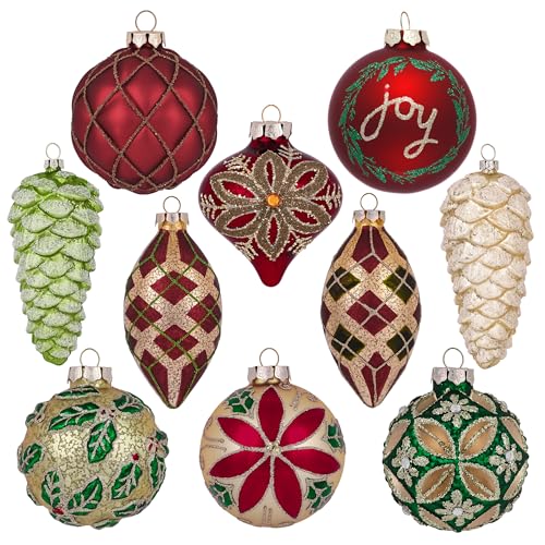 Valery Madelyn Glass Christmas Ornaments Set, 10ct Red Green and Gold Mercury Blown Glass Christmas Tree Ball Decorations, Traditional Country Xmas Hanging Teardrop Finial Bulk for Holiday Decor