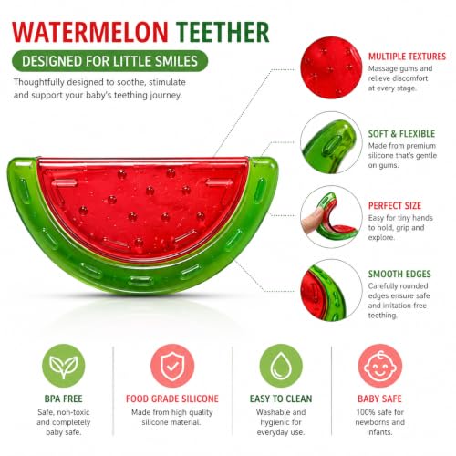 Image of CHICAGOZONE Premium Baby Silicone Teether Ring Toy - BPA Free Soft Teething Toy for Infants, Multi-Texture Sensory Chew Toy, Easy Grip Teether for Babies 3-12 Months, Cute Animal Design (Multicolor) (WATERMELON SHAPE)